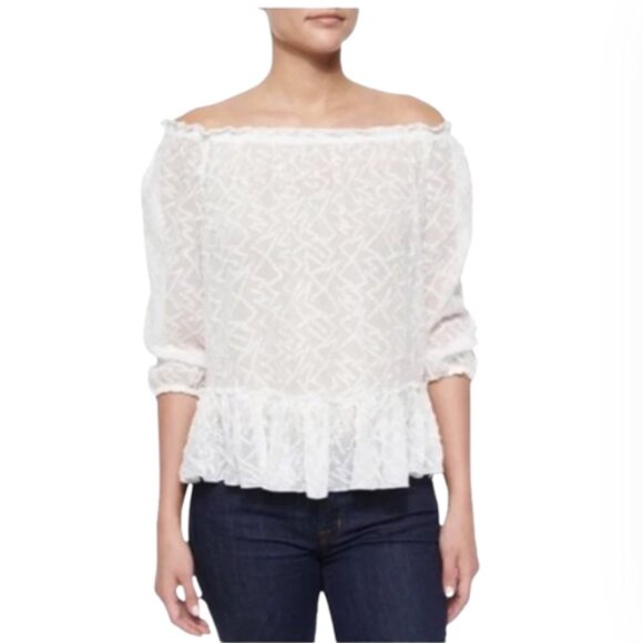Rebecca Taylor Off the Shoulder Top Shirt Womens 2 Cream Ivory Chevron Gauze - Picture 1 of 12
